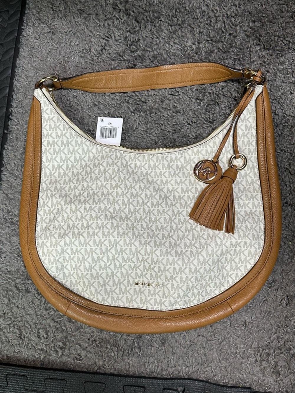 Michael Kors Cream and Tan MK Logo Hobo Shoulder Bag
